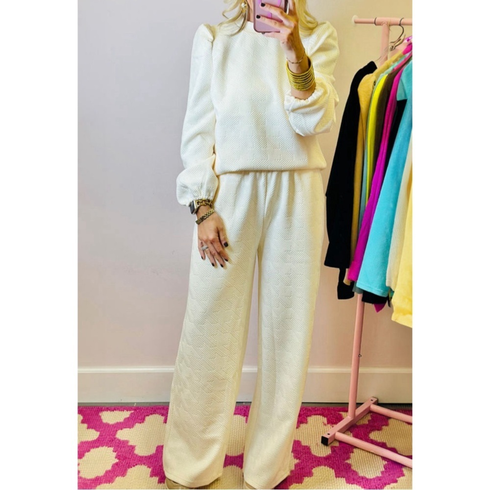 Beige Textured Puff Sleeve Top and Pant Set